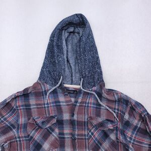 RF Brand Casual Long Sleeve Button Up Hoodie Mens Size XL Blue Red Plaid